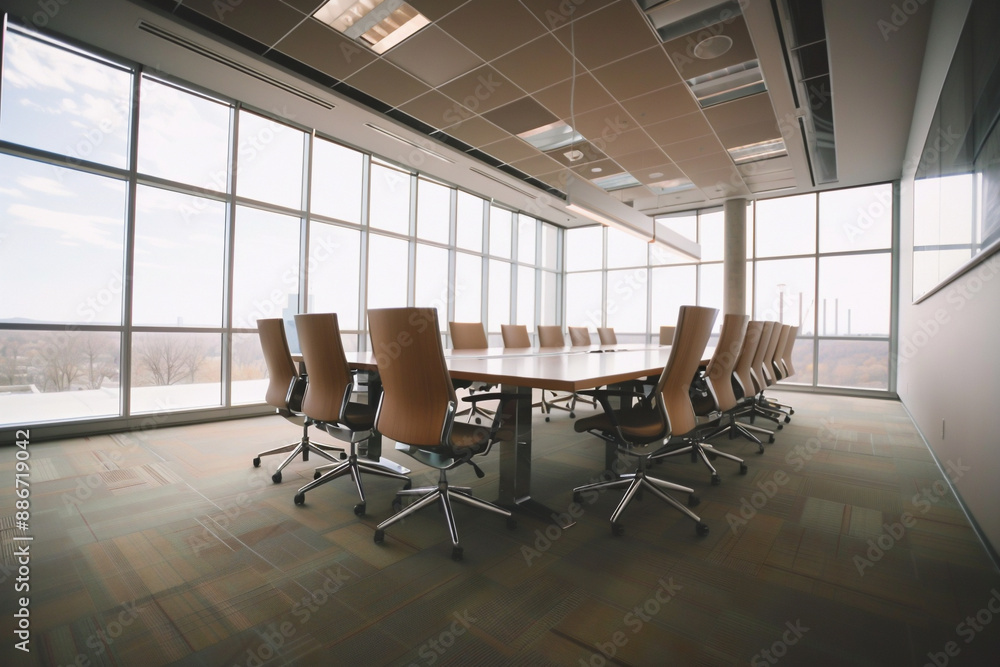 Interior with desks and chairs in a modern, clean conference room with large windows, Generative AI
Interior with desks and chairs in a modern, clean conference room with large windows, Generative AI