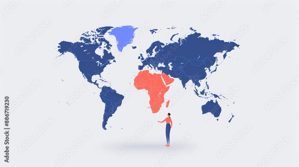 Fototapeta premium World map, art model interacting, high-resolution photo, flat design illustration, realistic photo, cinematography