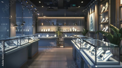 Glimmering Elegance Luxurious Jewelry Store Showcase with Sparkling Necklaces Bracelets and Rings Illuminated by Soft Ambient Lighting