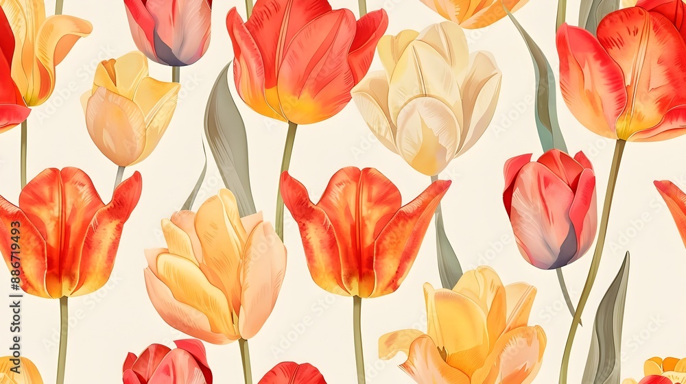 Obraz premium Vibrant Tulip Floral Pattern with Cursive Calligraphy and Analog Film Aesthetic