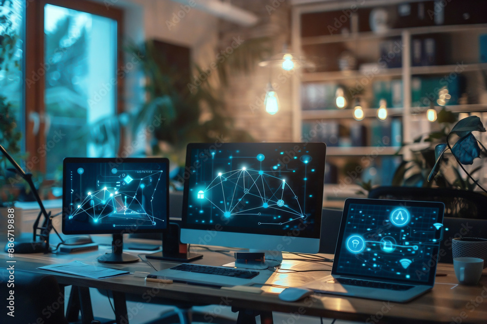 A virtual world where various home electronic devices are smartly connected to a network, Generative AI A virtual world where various home electronic devices are smartly connected to a network, Generative AI