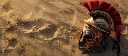 Empty copy space image for inscription featuring a Roman or Ancient Greek Legionary helmet on a sandy backdrop evoking an ancient warrior s essence