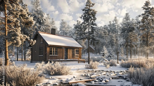 Generate a prompt for a photo realistic image of a Scandinavian inspired cabin with simple forms, wood paneling, and surrounded by pine trees.. photo