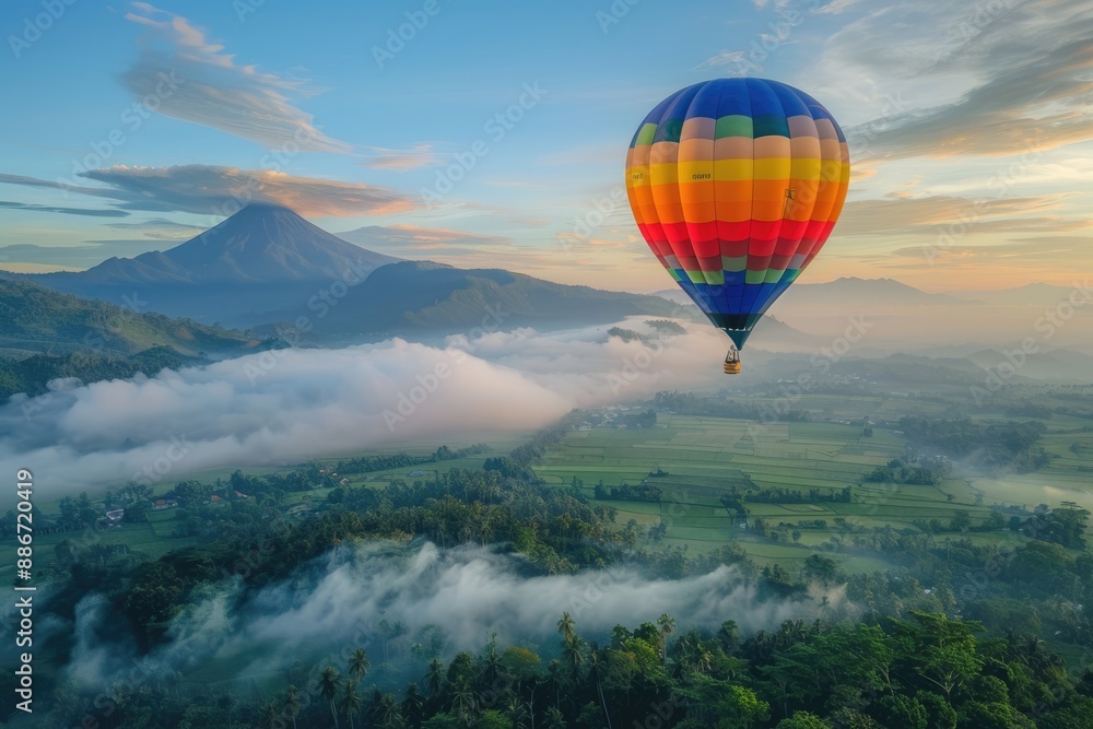 Fototapeta premium Hot Air Balloon Ascending Over Misty Mountain Valley