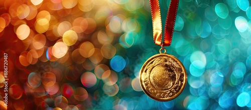 Gold medal displayed against a colorful backdrop in a copy space image