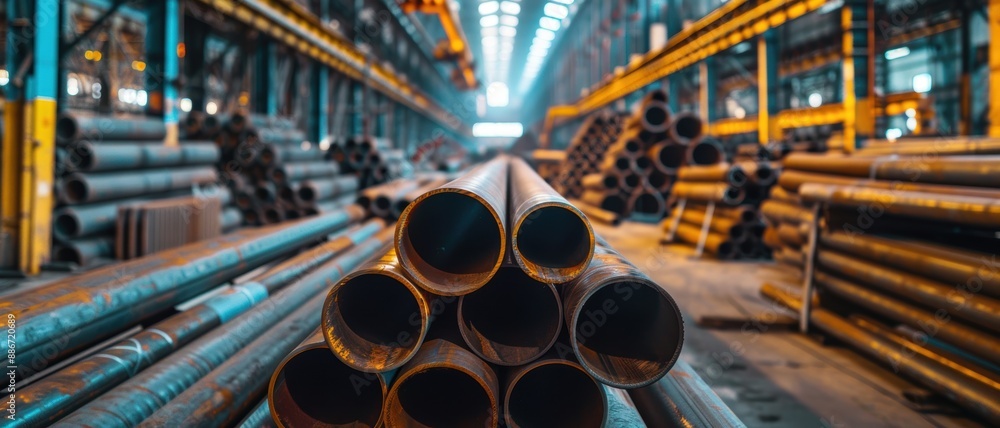 Close-up of steel pipes stacked in a pyramid shape in a large industrial warehouse, with cranes and additional pipes in the background.
Close-up of steel pipes stacked in a pyramid shape in a large industrial warehouse, with cranes and additional pipes in the background.