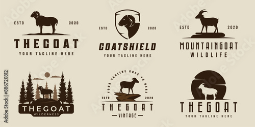 set of goat logo vintage vector illustration template icon graphic design. bundle collection of various animal in wildlife sign or symbol for livestock ranch concept with retro typography style