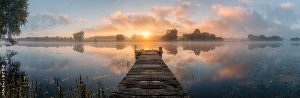 Sunrise Over a Tranquil Lake with Wooden Dock Sunrise Over a Tranquil Lake with Wooden Dock