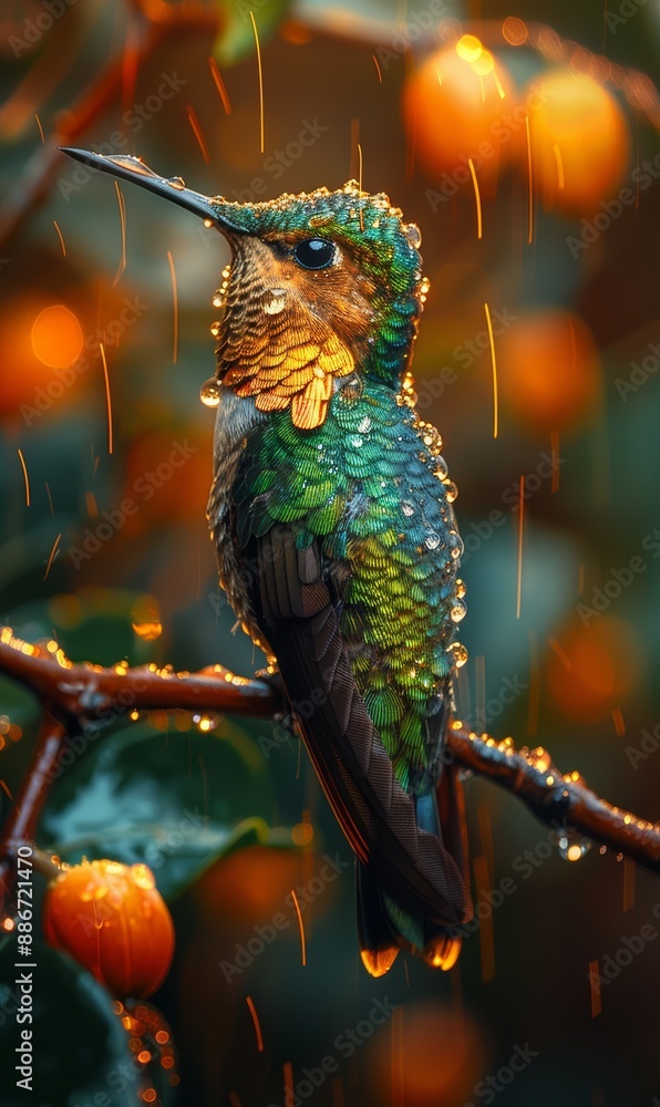 Fototapeta premium Beautiful portrait of a colorful hummingbird in the rain.