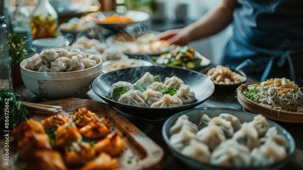 Obraz premium A banquet-style table is set with a wide variety of dumplings and accompanying side dishes, representing a feast full of diverse flavors, textures, and culinary traditions.
