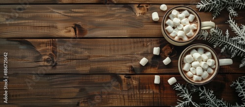 Shabby wooden table with two cups of hot chocolate topped with marshmallows Copy space image