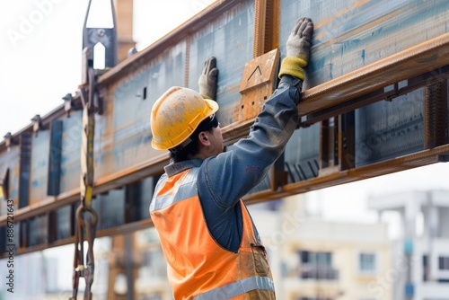Construction Worker Lifting Beam A muscular construction worker skillfully lifting a steel beam, showcasing physical strength combined with technical expertise