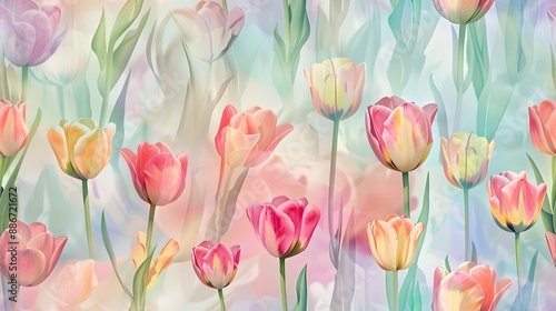 Vibrant Tulip Meadow with Calligraphed Quotes on Soft Pastel Gradient Background © Chanakan