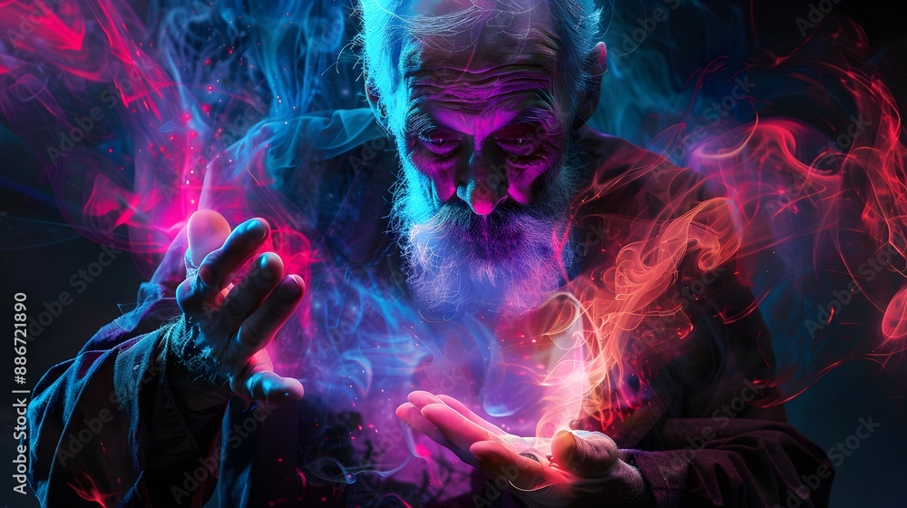black background, neon colors of blue and purple light swirls around an old man with long white beard in black shirt holding up his hand glowing magical energy emitting from it, smoke and red liquid black background, neon colors of blue and purple light swirls around an old man with long white beard in black shirt holding up his hand glowing magical energy emitting from it, smoke and red liquid