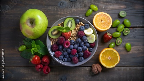 Ingredients for healthy breakfast meals: raspberries, blueberries, nuts, orange, bananas, grapes blue, green, apples, kiwi. Top View.