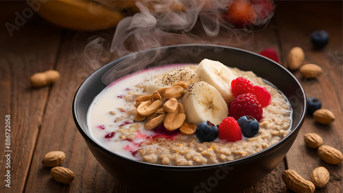 Nutritious oatmeal porridge topped with fruits, peanuts, and milk on wooden background. Healthy fiber-rich breakfast. photo