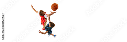 Banner. Basketball evident as player in blue jersey positions himself to block movements of rival in red jersey, who holding ball. Negative space. Concept of professional sport, match, team games. Ad
