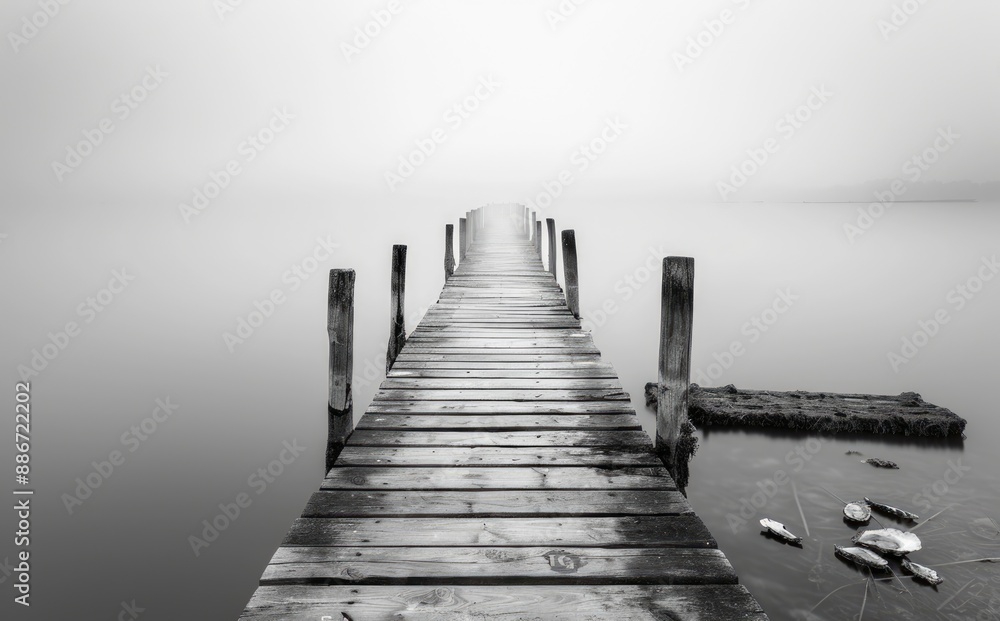 Obraz premium Wooden Pier Extending into a Foggy Lake