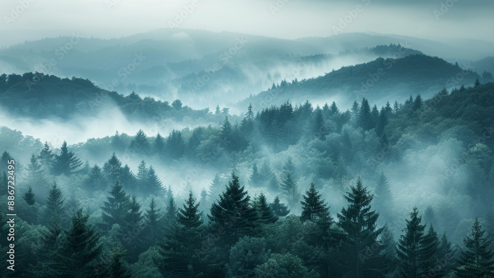 Foggy mountains landscape with coniferous forest and pine trees Foggy mountains landscape with coniferous forest and pine trees