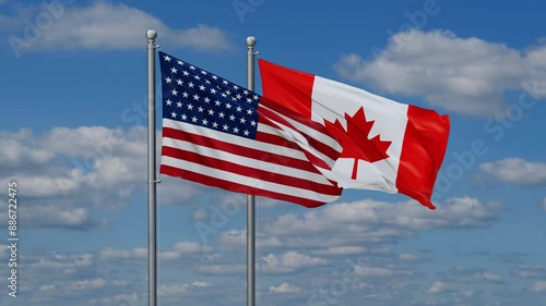 Canada and USA flags flying together, video concept of the relationship, two country cooperation concept