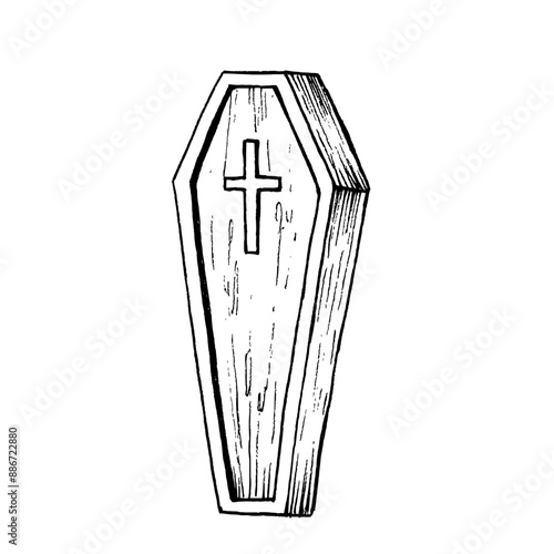 Vector wooden coffin with a cross. Hand painted linear illustration. Graphic monochrome art for tattoo, symbol of death, halloween, horror. Isolated on background. For designers, The day of the Dead
