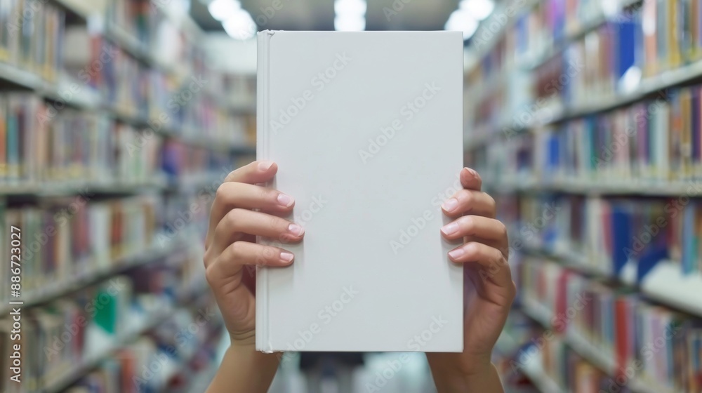 person holding a book with blank cover in a bookstore or library person holding a book with blank cover in a bookstore or library
