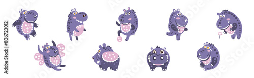 Funny Purple Hippo Character with Cute Snout Vector Set