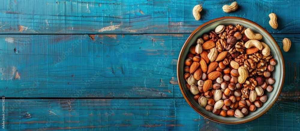 Bird s eye view of assorted nuts in a ceramic plate on a blue wooden backdrop with room for a copy space image Bird s eye view of assorted nuts in a ceramic plate on a blue wooden backdrop with room for a copy space image