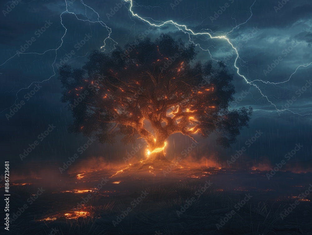 Fototapeta premium Burning Tree in a Thunderstorm