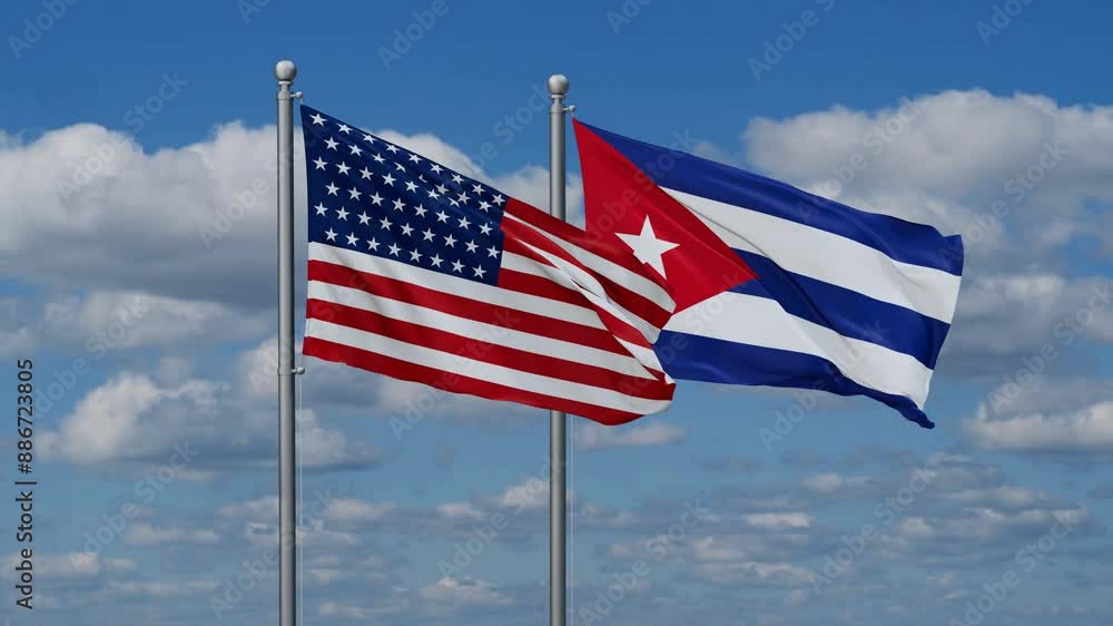 Cuba and USA flags flying together, video concept of the relationship, two country cooperation concept Cuba and USA flags flying together, video concept of the relationship, two country cooperation concept