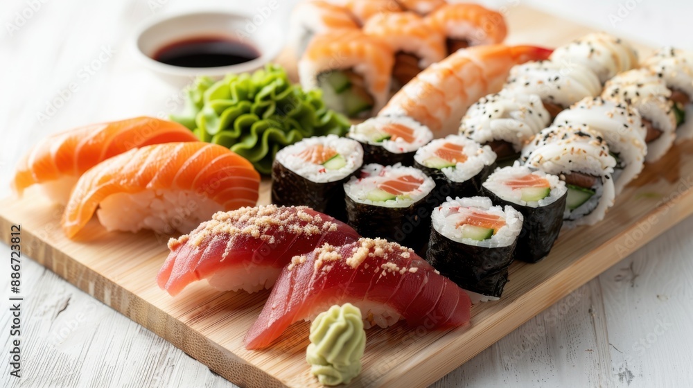 A beautiful and appetizing sushi platter showcasing a delicious assortment of nigiri and rolls with fresh ingredients, perfect for a gourmet dining experience. A beautiful and appetizing sushi platter showcasing a delicious assortment of nigiri and rolls with fresh ingredients, perfect for a gourmet dining experience.