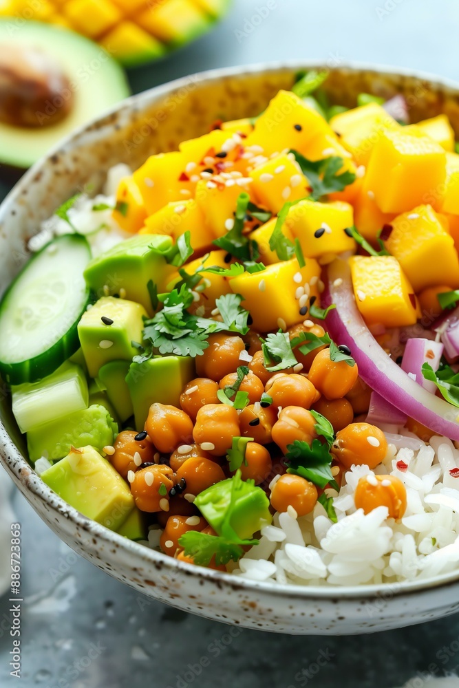 vibrant mango chickpea rice bowl, featuring fresh diced mango, roasted chickpeas, avocado, cucumber, red onion, and cilantro, creating a colorful and healthy vegan meal vibrant mango chickpea rice bowl, featuring fresh diced mango, roasted chickpeas, avocado, cucumber, red onion, and cilantro, creating a colorful and healthy vegan meal