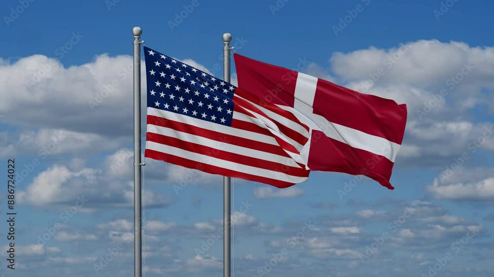 Denmark and USA flags flying together, video concept of the relationship, two country relations concept Denmark and USA flags flying together, video concept of the relationship, two country relations concept