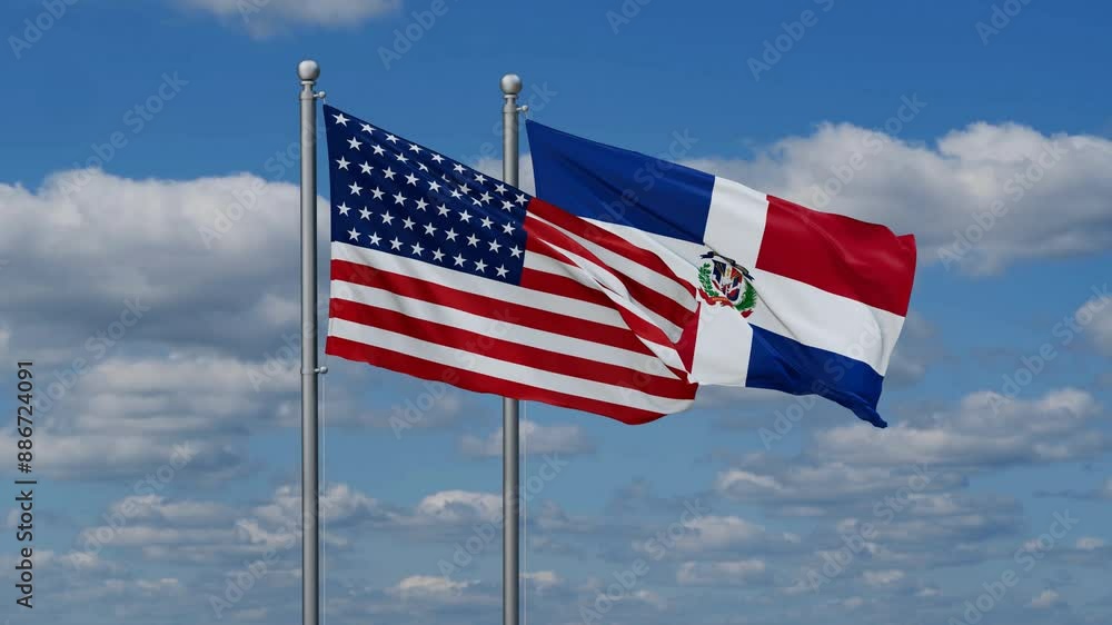 Dominican Republic and USA flags flying together, video concept of the relationship, two country relations concept Dominican Republic and USA flags flying together, video concept of the relationship, two country relations concept