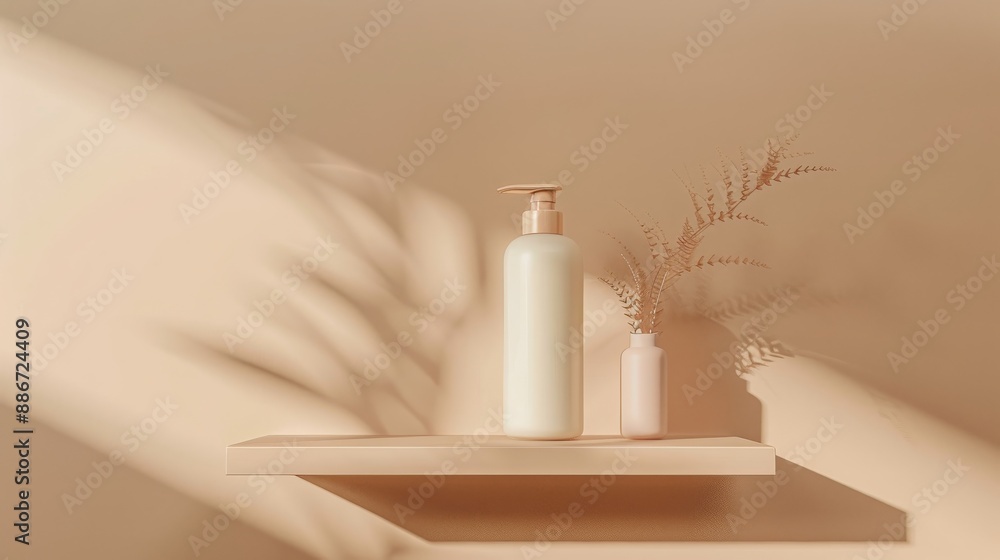 White Lotion Bottle on Shelf: Light and Shadows - Skincare Product Display White Lotion Bottle on Shelf: Light and Shadows - Skincare Product Display