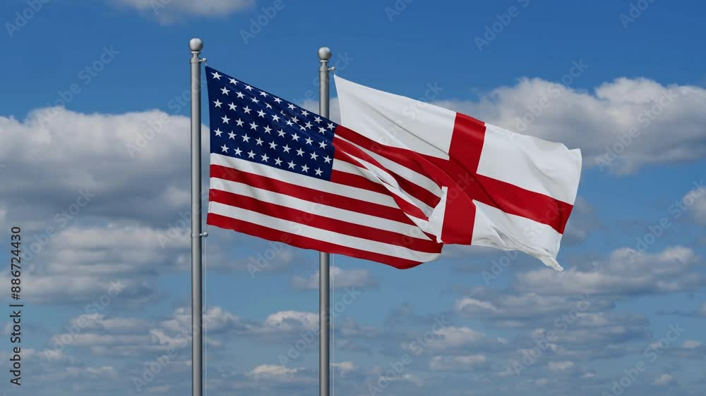 England and USA flags flying together, video concept of the relationship, two country relations concept England and USA flags flying together, video concept of the relationship, two country relations concept