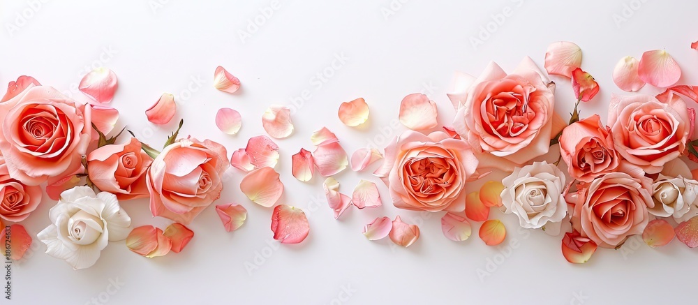 White background adorned with delicate rose flowers and petals perfect for copy space image White background adorned with delicate rose flowers and petals perfect for copy space image