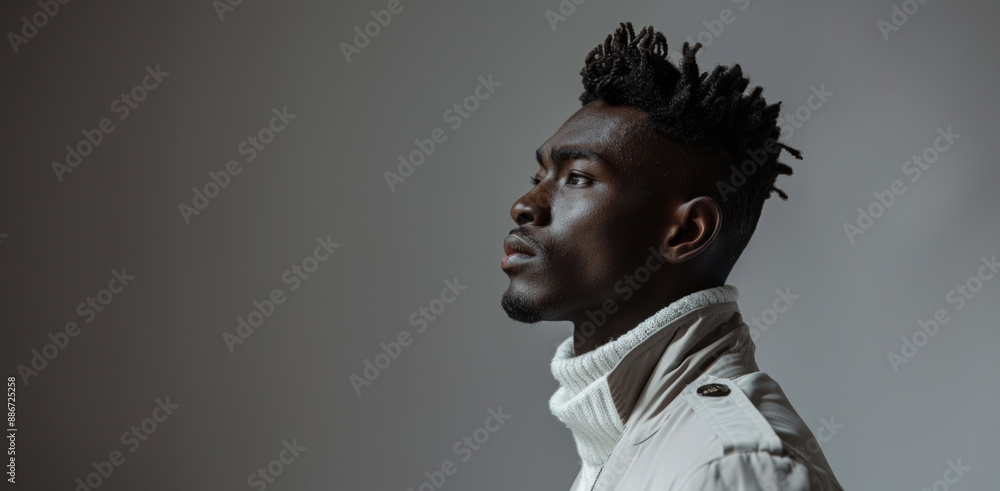 Obraz premium A minimalist portrait of a black man in light clothing: graceful and timeless style. copy space