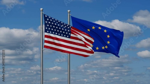 European Union and USA flags flying together, video concept of the relationship