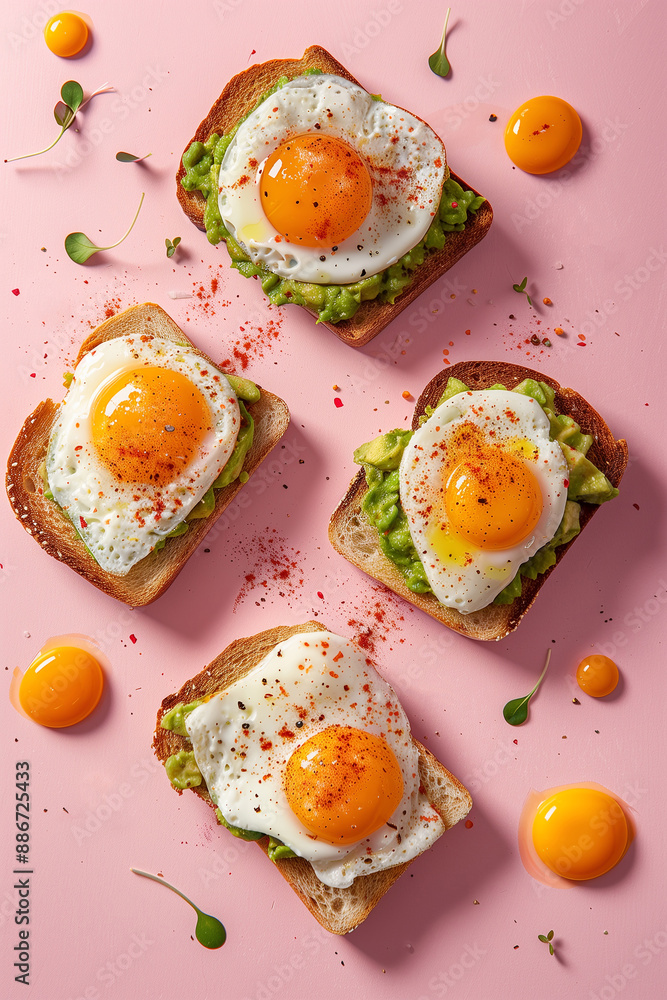Bright avocado toast with sunny-side-up eggs on pink background. A cheerful and artistic display of breakfast food, emphasizing vibrant colors and healthy eating. Bright avocado toast with sunny-side-up eggs on pink background. A cheerful and artistic display of breakfast food, emphasizing vibrant colors and healthy eating.
