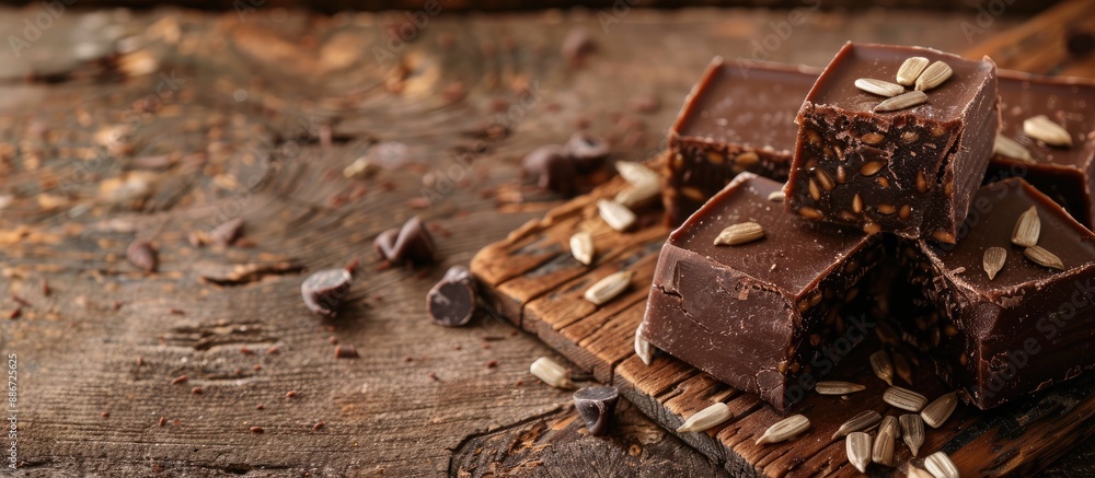 Chocolate halva confection with sunflower seed pieces on a wooden table background ideal for your design with copy space image Chocolate halva confection with sunflower seed pieces on a wooden table background ideal for your design with copy space image