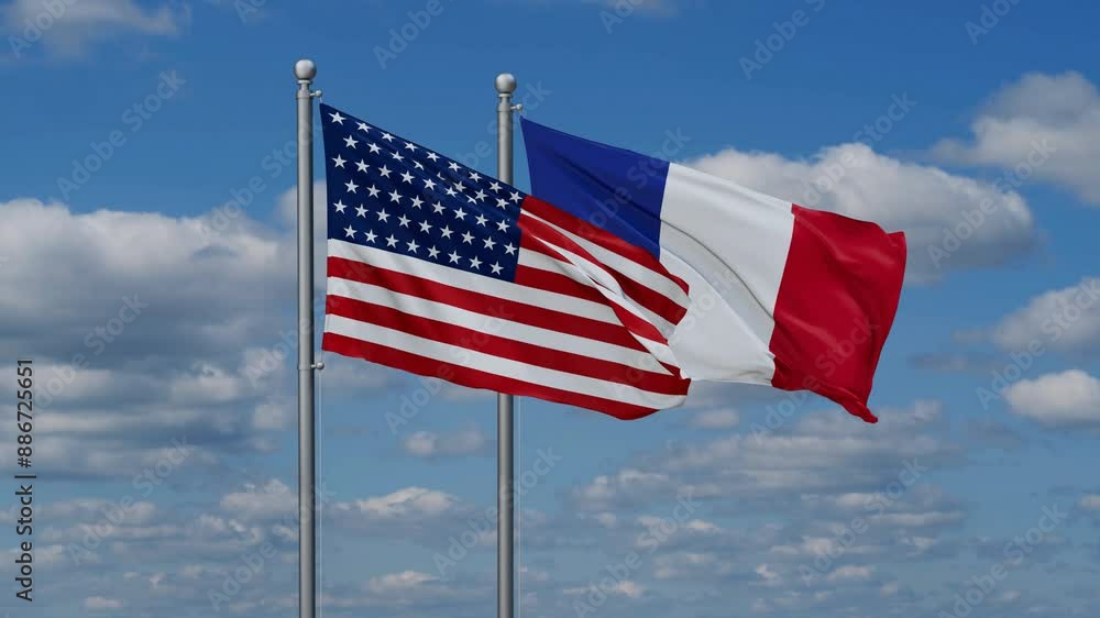 France and USA flags waving together, looped video, two country relations concept France and USA flags waving together, looped video, two country relations concept