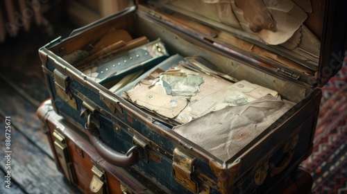 Old vintage suitcase filled with retro keepsakes photo