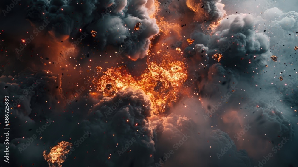 Illustration of fire bomb particles in black smoke clouds, creating a dramatic explosion scene Illustration of fire bomb particles in black smoke clouds, creating a dramatic explosion scene