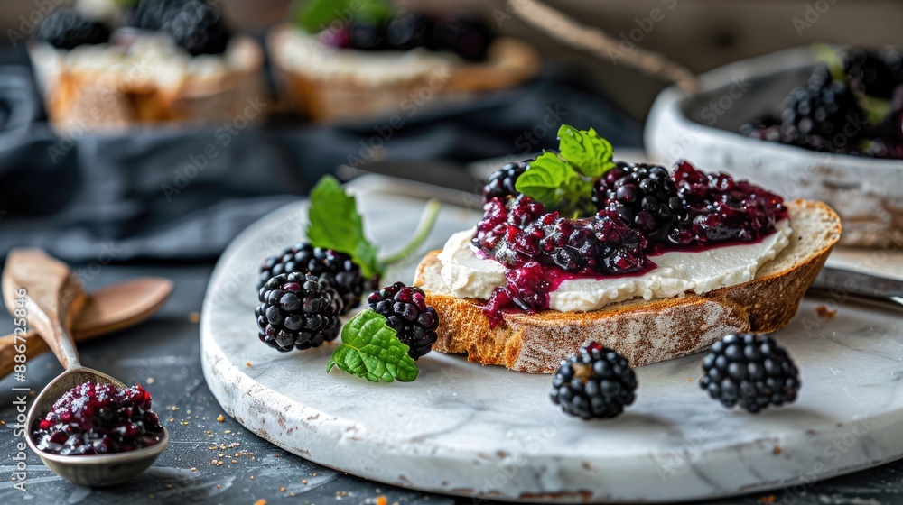 Slice of bread with cream cheese and fresh black mulberry jam on a marble board Slice of bread with cream cheese and fresh black mulberry jam on a marble board