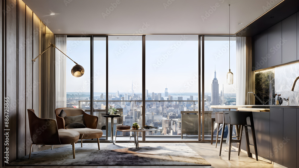 Fototapeta premium Very small apartment with windows all the way to the top that let in lots of natural light
