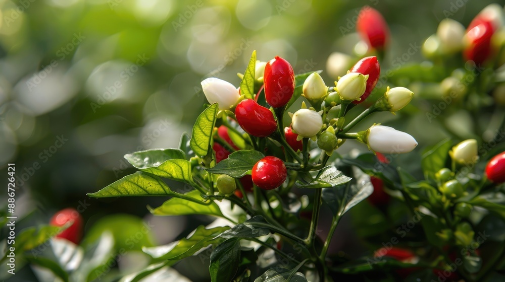 chilly plant with spicy chilly and tiny flowers The flowers of chilly ...