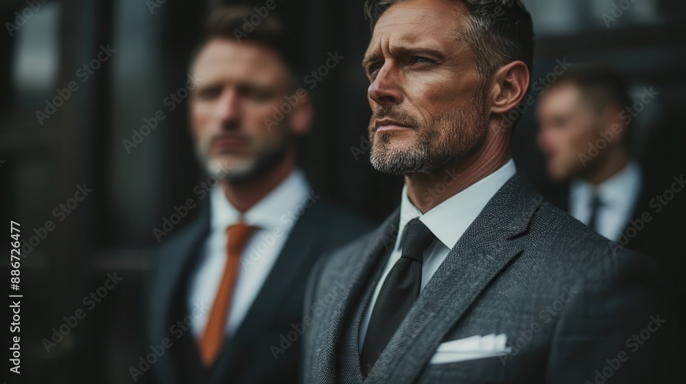 Three confident men dressed in suits are standing together outside a building, displaying a stern and focused demeanor, embodying business and professionalism. Three confident men dressed in suits are standing together outside a building, displaying a stern and focused demeanor, embodying business and professionalism.