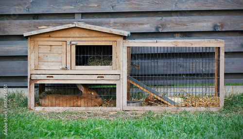 A two-story wooden rabbit hutch with an animal enclosure and two lying rabbits inside is standing on the grass in the garden by a wooden fence. Pet breeding concept with copy space.