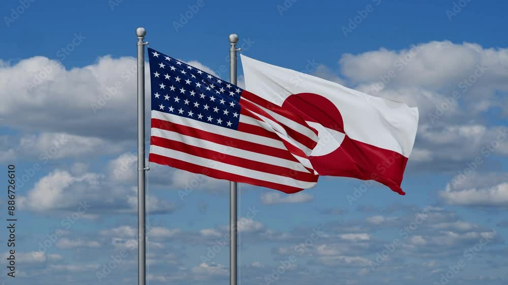 Greenland and USA flags flying together, video concept of the relationship, two country relations concept Greenland and USA flags flying together, video concept of the relationship, two country relations concept